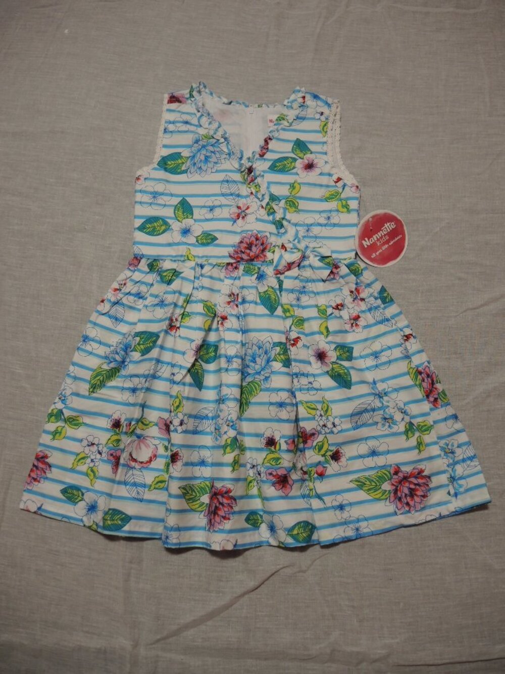 Nanette Kids Girls' Dress Sleeveless Floral on Blue & White Stripes Size 6